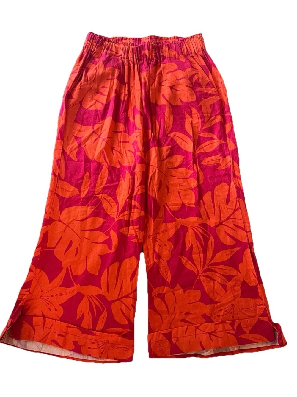 NWT GB Girls Pink Orange Floral Tropical Linen Blend Wide Leg Pull On Pants XL